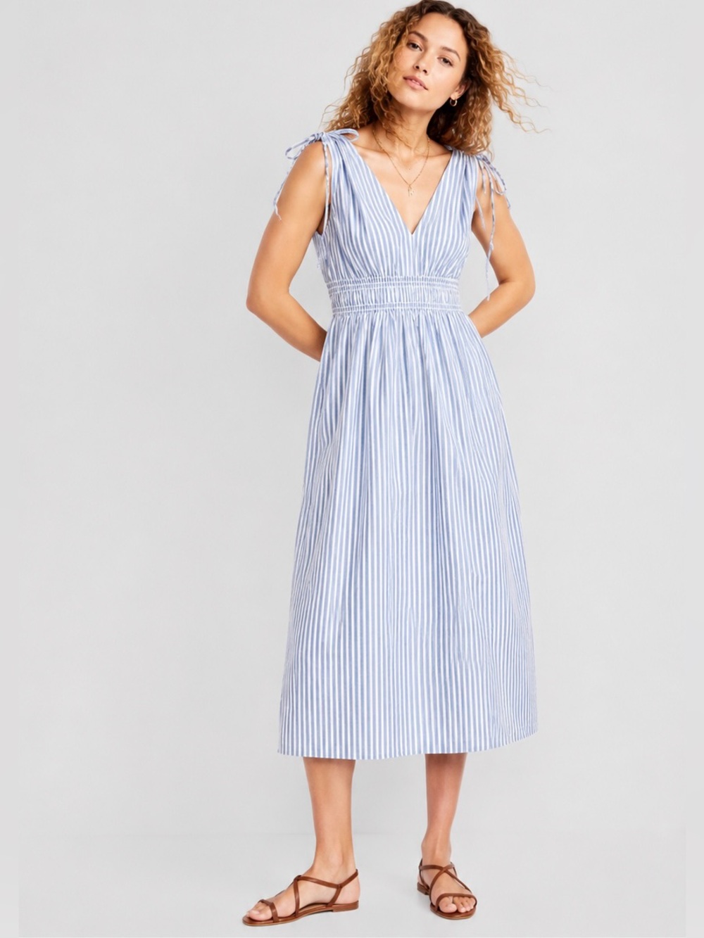 NWOT 100% Cotton Striped Blue Tie-Shoulder Midi Dress